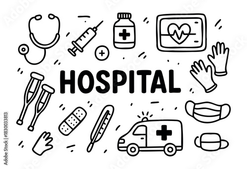 Doodle icons for medical and healthcare themes — stethoscope, syringe, ambulance, and first aid kit — stock vector.