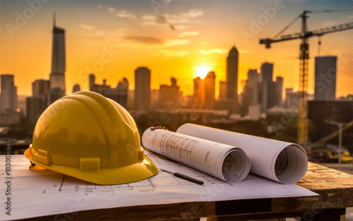 Yellow halftone hard hat blueprints and city skyline at sunset construction site hard hat architecture.