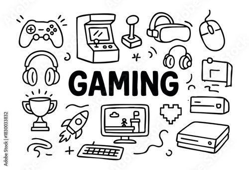 Doodle icons for gaming and esports — controller, arcade machine, VR headset, and joystick — stock vector.
