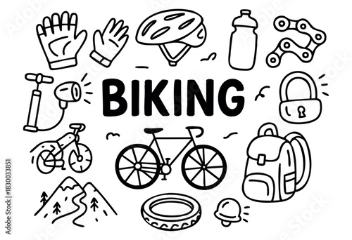 Doodle icons for cycling and outdoor adventure — bicycle, helmet, mountains, and backpack — stock vector.