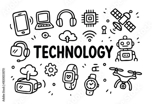 Doodle icons for technology and electronics — smartphone, laptop, robot, and drone — stock vector.