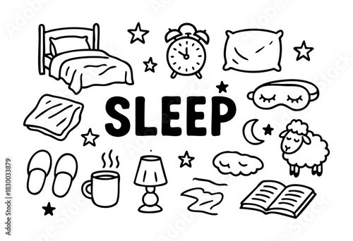 Doodle icons for sleep and bedtime — bed, pillow, moon, and alarm clock — stock vector.