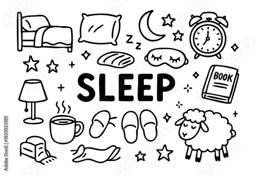 Doodle icons for sleep and bedtime — bed, pillow, moon, and alarm clock — stock vector.