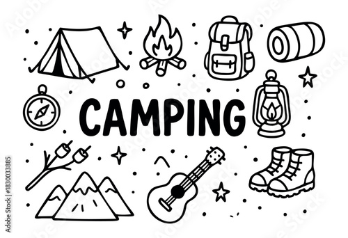 Doodle icons for camping and hiking — tent, campfire, backpack, and mountains — stock vector.