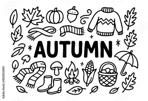 Doodle icons for the autumn season — leaves, pumpkin, scarf, and sweater — stock vector.