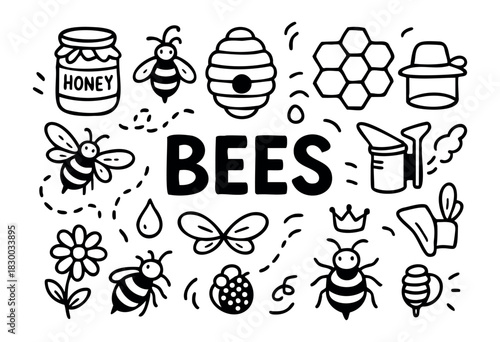 Doodle icons for bees and beekeeping — honey, beehive, honeycomb, and flower — stock vector.
