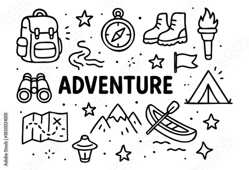 Doodle icons for adventure, camping, and hiking — backpack, compass, map, and tent — stock vector.