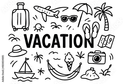 Doodle icons for a summer vacation and beach travel — luggage, airplane, palm tree, and camera — stock vector.