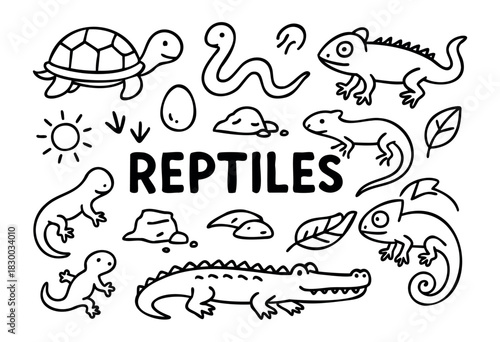 Doodle icons of various reptiles and amphibians — turtle, snake, crocodile, and lizard — stock vector.