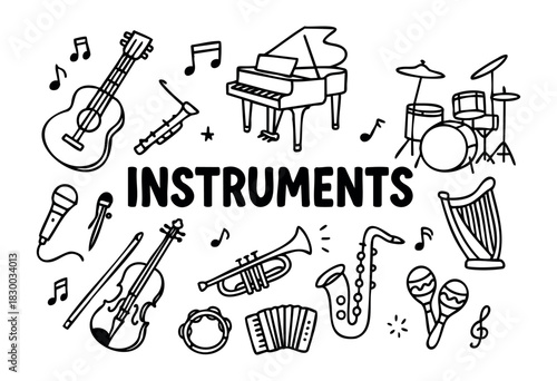 Doodle icons of musical instruments — piano, guitar, violin, and saxophone — stock vector.