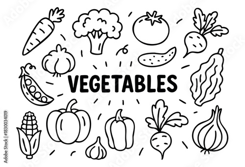 Doodle icons of fresh vegetables — carrot, broccoli, tomato, and pumpkin — stock vector.