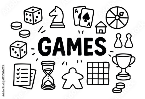 Doodle icons for board games and tabletop gaming — dice, chess knight, and playing cards — stock vector.