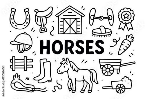 Doodle icons for horses and equestrian activities — horse, saddle, and horseshoe — stock vector.