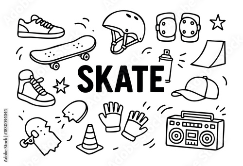 Doodle icons for skateboarding and street culture — skateboard, helmet, and ramp — stock vector.