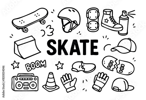 Doodle icons for skateboarding and street culture — skateboard, helmet, and ramp — stock vector.