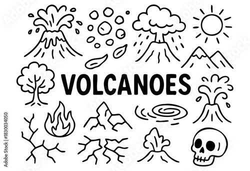 Doodle icons of volcanoes and geology — erupting volcano, lava, and smoke — stock vector.