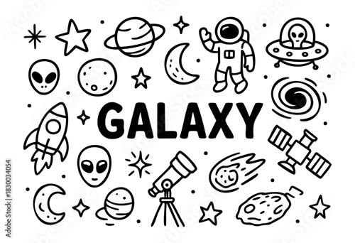Doodle icons for space and the galaxy — rocket, planet, astronaut, and alien — stock vector.