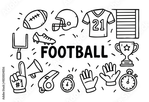 Doodle icons for American football — ball, helmet, jersey, and trophy — stock vector.