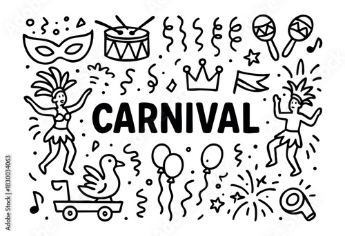 Doodle icons for a carnival or festival — mask, dancer, crown, and confetti — stock vector.