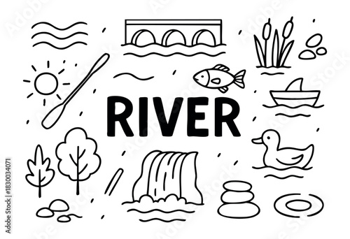 Doodle icons for a river and nature landscape — waterfall, bridge, fish, and boat — stock vector.
