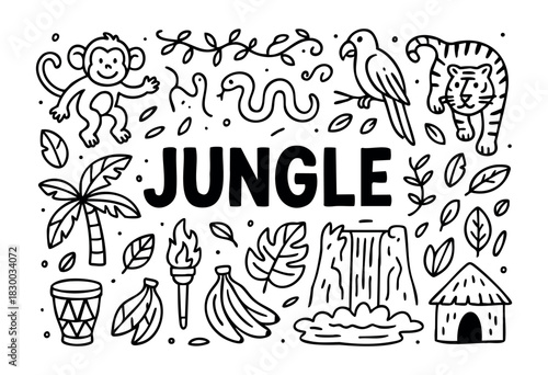 Doodle icons of the jungle and rainforest animals — monkey, tiger, snake, and parrot — stock vector.
