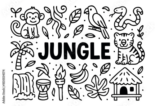 Doodle icons of the jungle and rainforest animals — monkey, tiger, snake, and parrot — stock vector.