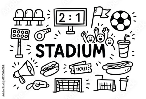 Doodle icons for a sports stadium — scoreboard, soccer ball, fans, and tickets — stock vector.