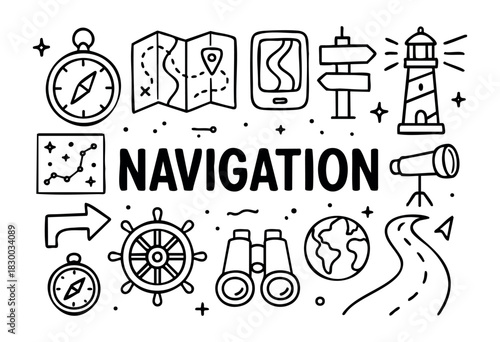 Doodle icons for navigation and exploration — compass, map, and lighthouse — stock vector.