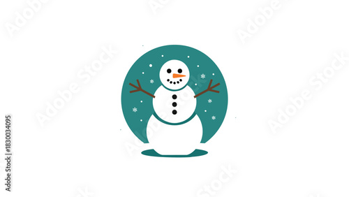 A cheerful cartoon snowman with outstretched arms stands within a green oval shape with falling snow
