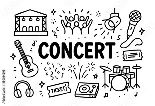 Doodle icons for a music concert or festival — stage, guitar, and tickets — stock vector.