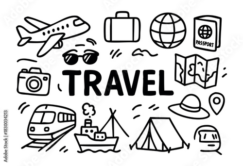 Doodle icons for travel and vacation — airplane, passport, and luggage — stock vector.