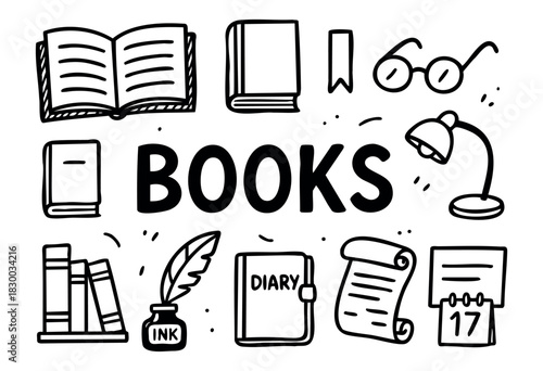 Doodle icons for books, reading, and writing — open book, glasses, and quill pen — stock vector.