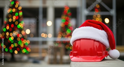Christmas holiday spirit on a construction site, featuring a red hard hat adorned with a Santa hat, set against a backdrop of blurred festive lights and decorated trees.