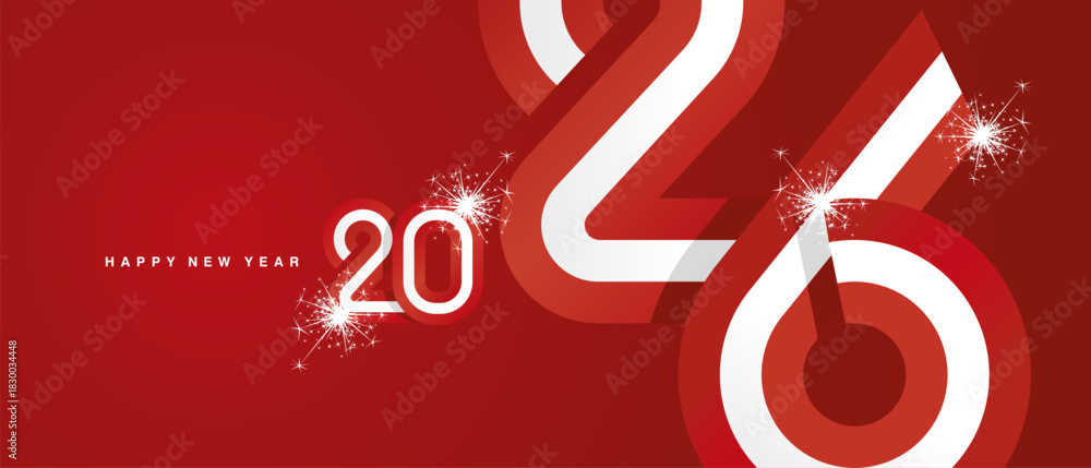 Obraz premium Happy New Year 2026. Combination of small and large typography in the shape of a Canada ribbon for the year 2026. Abstract red white ribbon flag with sparkling fireworks on a red background.ai