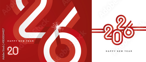 Happy New Year 2026. Combination of small and large typography in the shape of a Canada ribbon for the year 2026. Abstract red white ribbon flag with sparkling fireworks on red white background.ai