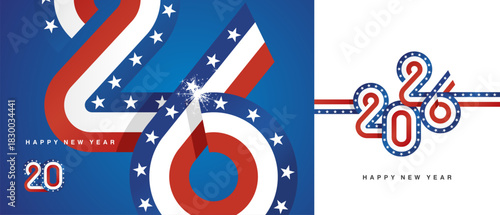 Happy New Year 2026. Combination of small and large typography in the shape of a USA ribbon for the year 2026. Abstract blue white red ribbon flag with sparkling fireworks on blue white background.ai