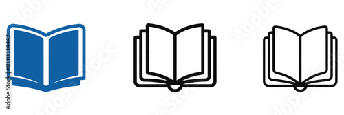 Open book icons, reading and education symbols, library and literature graphics, knowledge and learning illustrations, study and academic vector elements, open pages designs, educational materials 