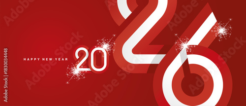 Happy New Year 2026. Combination of small and large typography in the shape of a Canada ribbon for the year 2026. Abstract red white ribbon flag with sparkling fireworks on a red background.ai