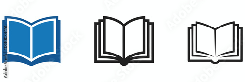 Open book icons, reading and education symbols, library and literature graphics, knowledge and learning illustrations, study and academic vector elements, open pages designs, educational materials 