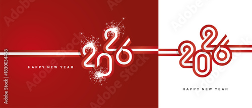 New Year 2026 flag ribbon typography lettering. Abstract red white flag of Canada in the shape of 2026 logo with sparkle firework isolated on white and red background.ai