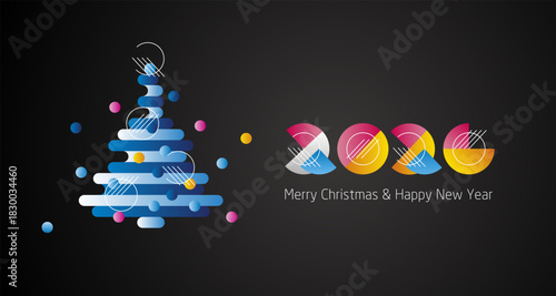Merry Christmas and Happy New Year 2026 modern colorful abstract shaped numbers composed of quarter and half circles and white lines design with abstract Christmas tree black greeting card.ai