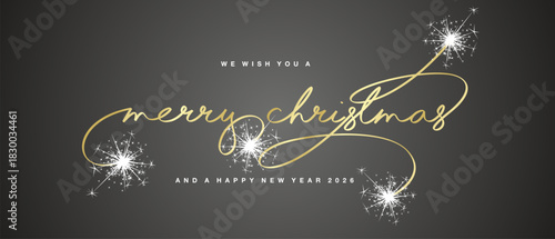 We wish you a Merry Christmas and a Happy New Year 2026. Merry Christmas golden light handwritten lettering calligraphy on black background. Merry Christmas text calligraphy sparkle firework.ai