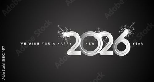 We wish You Happy New Year 2026 eve silver glass modern design numbers sparkle firework black color greeting card.ai