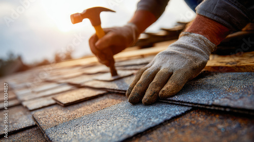 Roofing professional wearing work gloves and using hammer to install asphalt shingles on a house roof during sunset for home construction and repair tasks