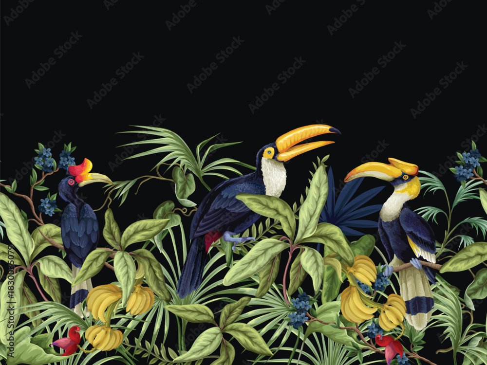 Obraz premium Tropic birds vector border with exotic hornbills tropical foliage botanical jungle decorative design illustration