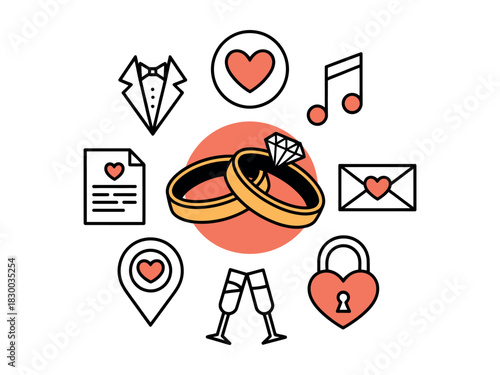 A collection of wedding-themed icons including rings, vows, music, and champagne glasses.