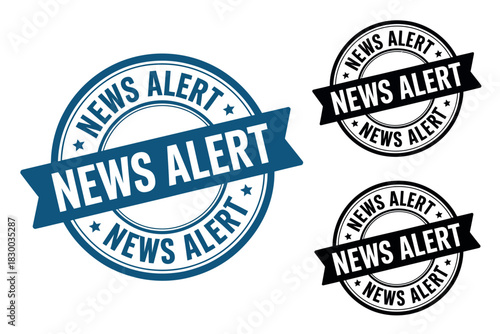 Three stylized "NEWS ALERT" stamps and badges on a white background.