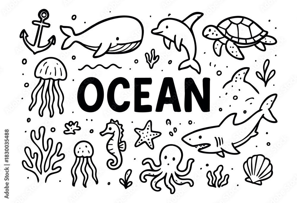 Obraz premium Ocean doodle illustration — whale, shark, and other sea animals and marine life — stock vector.