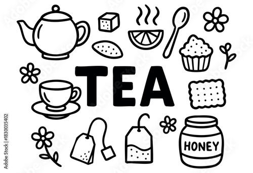 Tea doodle illustration — teapot, teacup, and other tea time elements — stock vector.