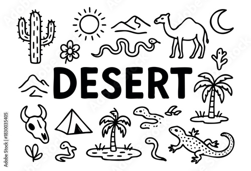 Desert doodle illustration — cactus, camel, and other arid climate animals and plants — stock vector.
